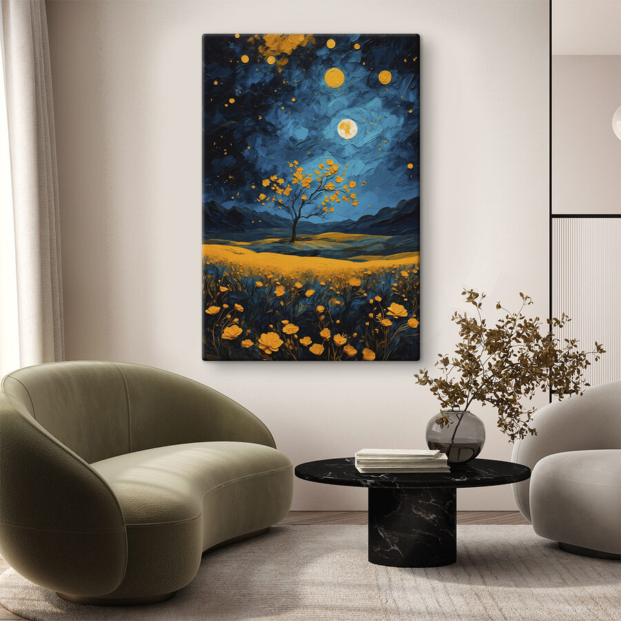 Peinture d'un arbre dans un champ de fleurs