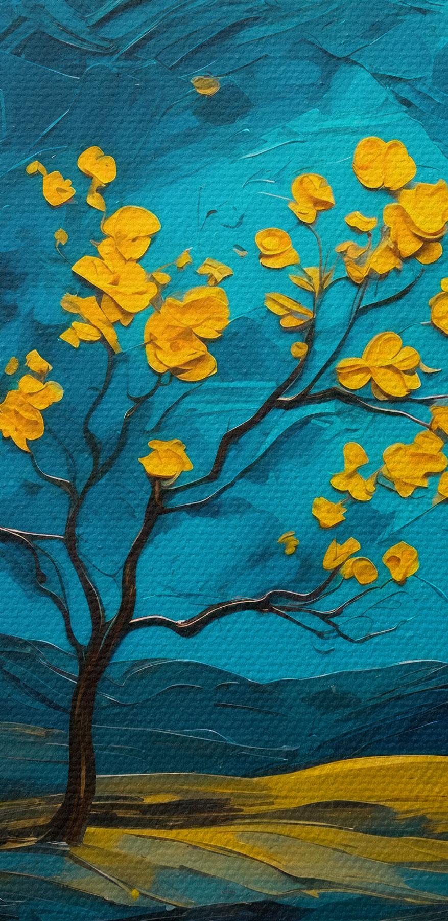 Peinture d'un arbre dans un champ de fleurs