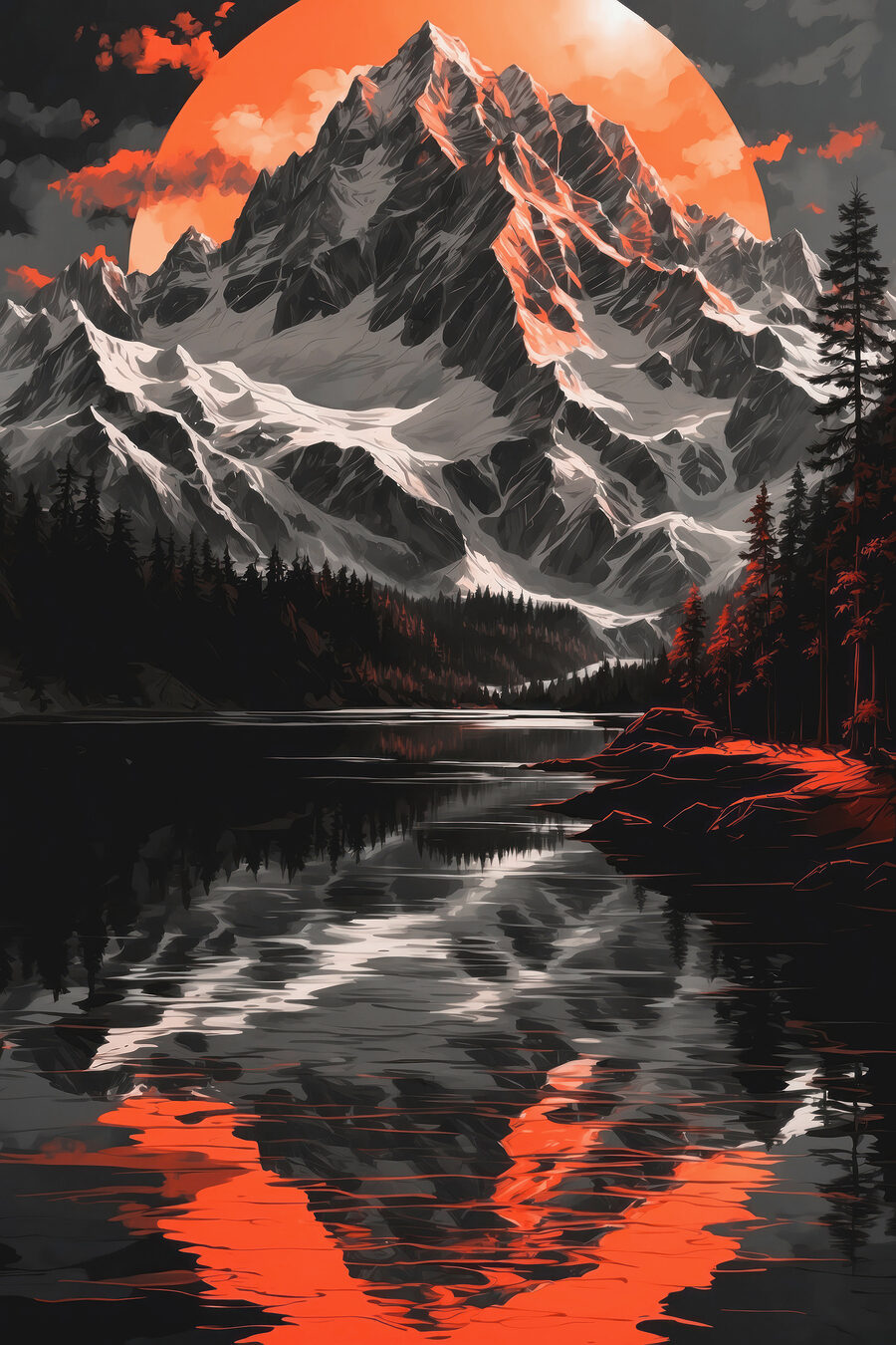 Lac avec arbres et montagnes en arrière-plan