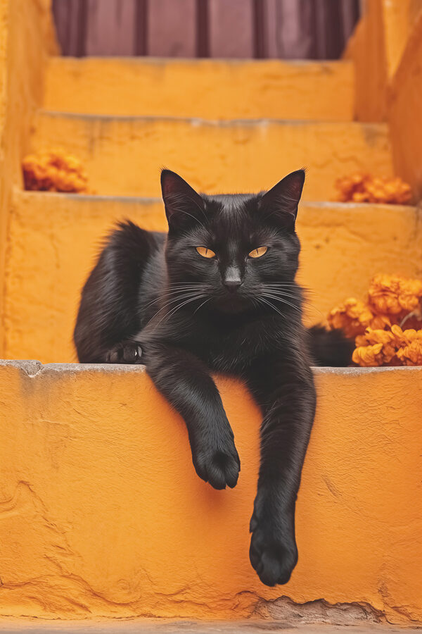 Chat noir couché sur un escalier Chat noir couché sur un escalier