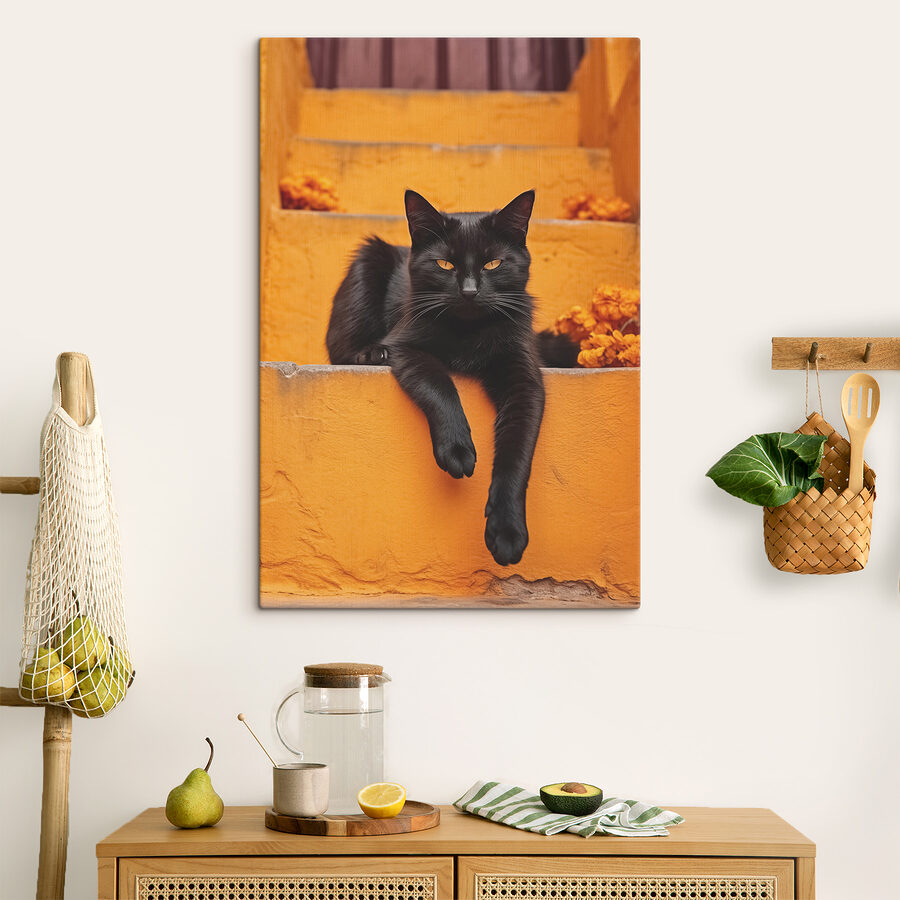 Chat noir couché sur un escalier
