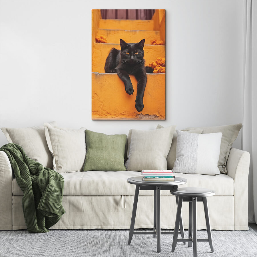Chat noir couché sur un escalier