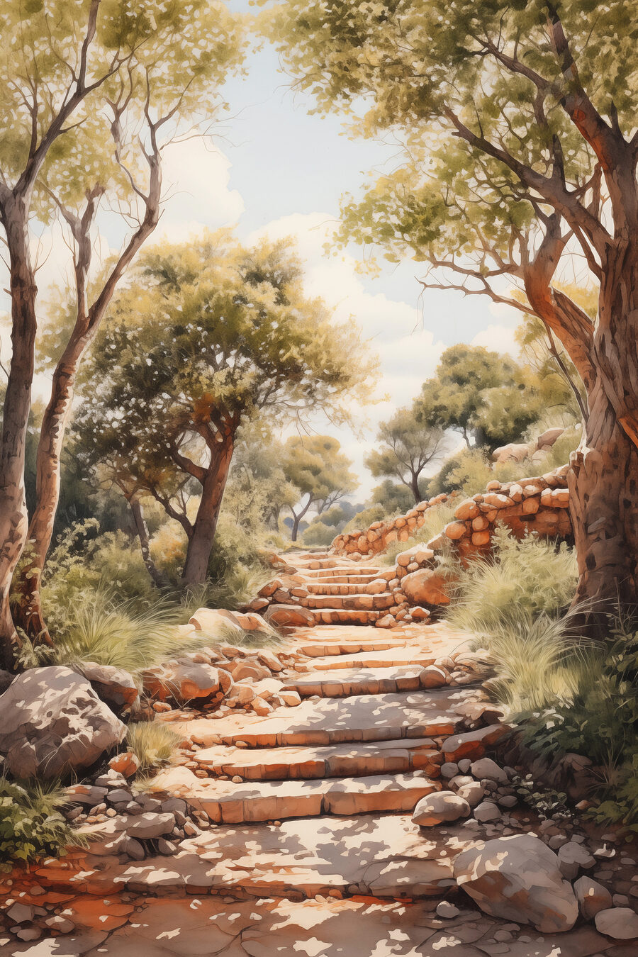 Escalier en pierre menant aux arbres