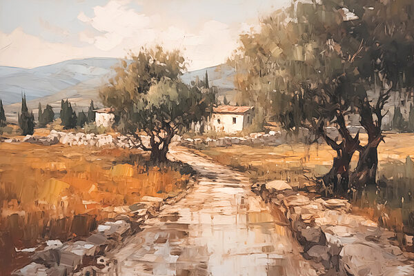 Peinture d'une route avec des arbres et une maison en arrière-plan Peinture d'une route avec des arbres et une maison en arrière-plan