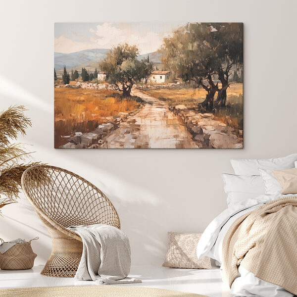 Peinture d'une route avec des arbres et une maison en arrière-plan Peinture d'une route avec des arbres et une maison en arrière-plan