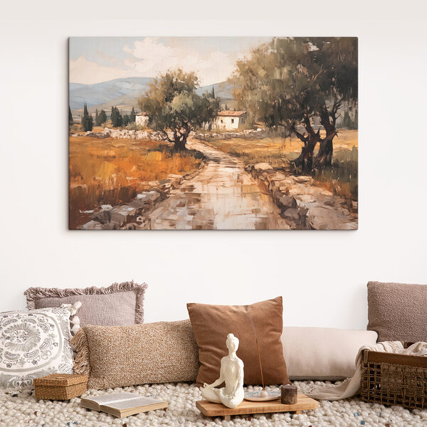 Peinture d'une route avec des arbres et une maison en arrière-plan Peinture d'une route avec des arbres et une maison en arrière-plan