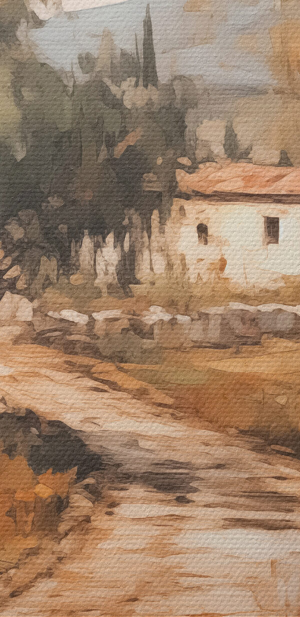 Peinture d'une route avec des arbres et une maison en arrière-plan Peinture d'une route avec des arbres et une maison en arrière-plan