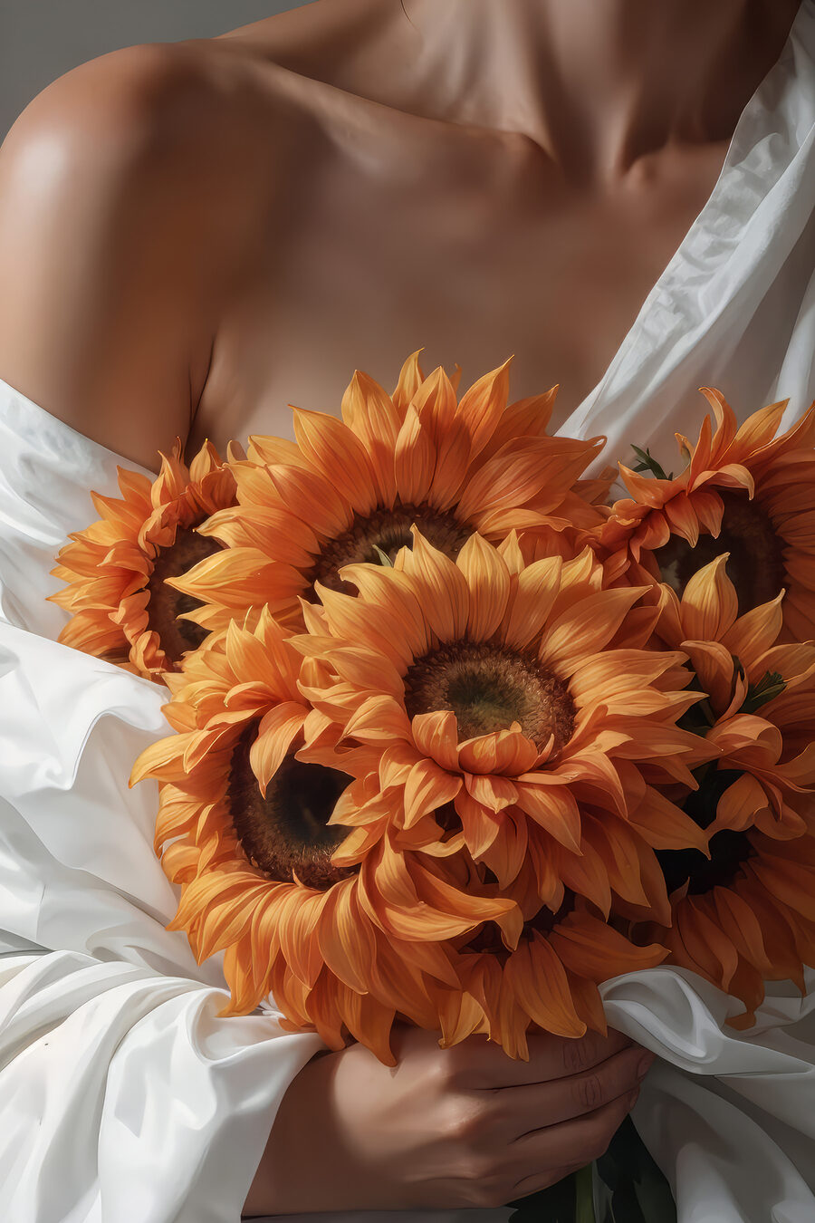 Femme tenant des tournesols