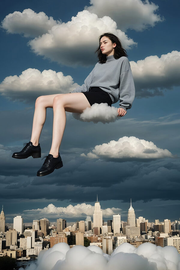 Femme assise sur un nuage dans le ciel Femme assise sur un nuage dans le ciel