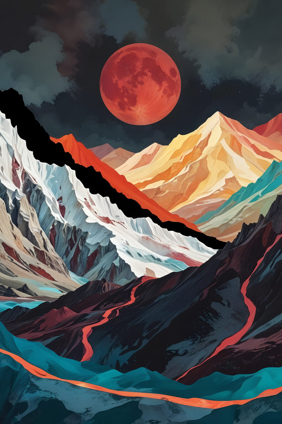 Chaîne de montagnes avec une lune rouge Chaîne de montagnes avec une lune rouge