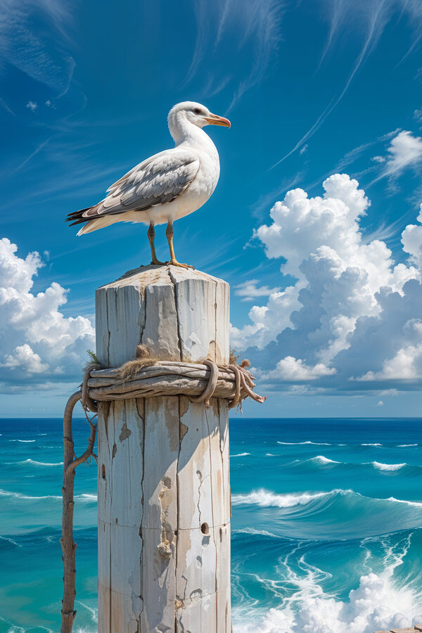 Seagull standing on a wooden post Seagull standing on a wooden post