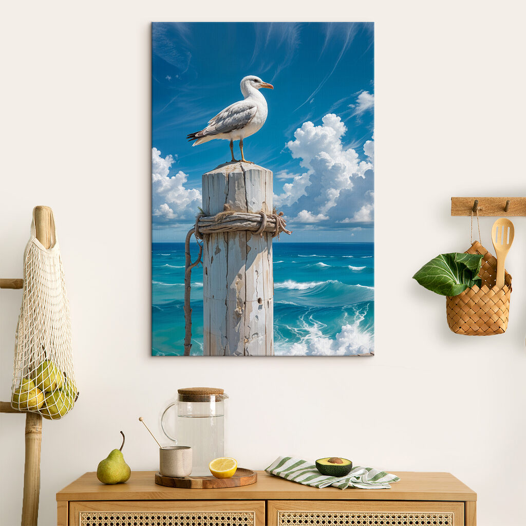 Seagull standing on a wooden post