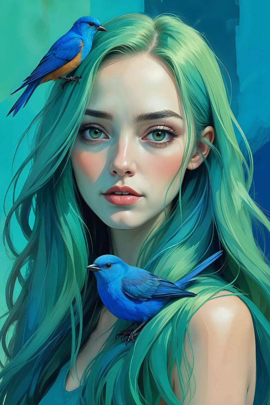 Femme aux cheveux verts et à l'oiseau bleu