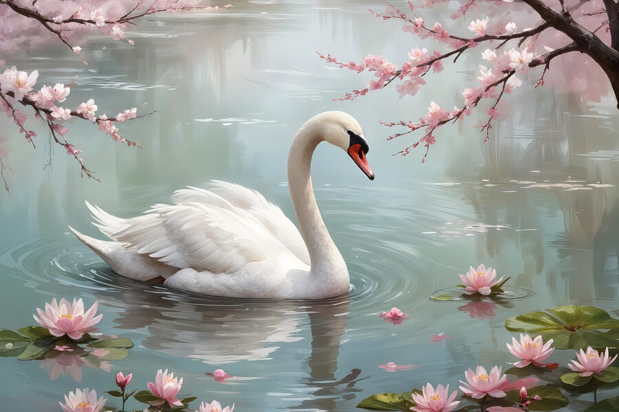 Cygne blanc dans l'eau avec des fleurs roses Cygne blanc dans l'eau avec des fleurs roses