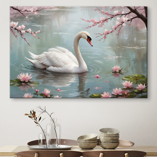 Cygne blanc dans l'eau avec des fleurs roses Cygne blanc dans l'eau avec des fleurs roses