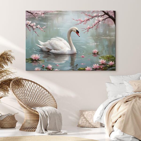 Cygne blanc dans l'eau avec des fleurs roses Cygne blanc dans l'eau avec des fleurs roses
