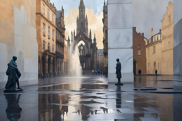 Fontaine dans une cour avec une statue au milieu Fontaine dans une cour avec une statue au milieu