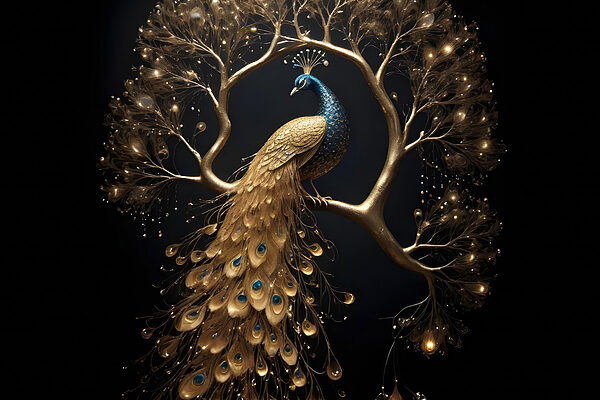Majesté du paon au milieu des branches lumineuses Majesté du paon au milieu des branches lumineuses