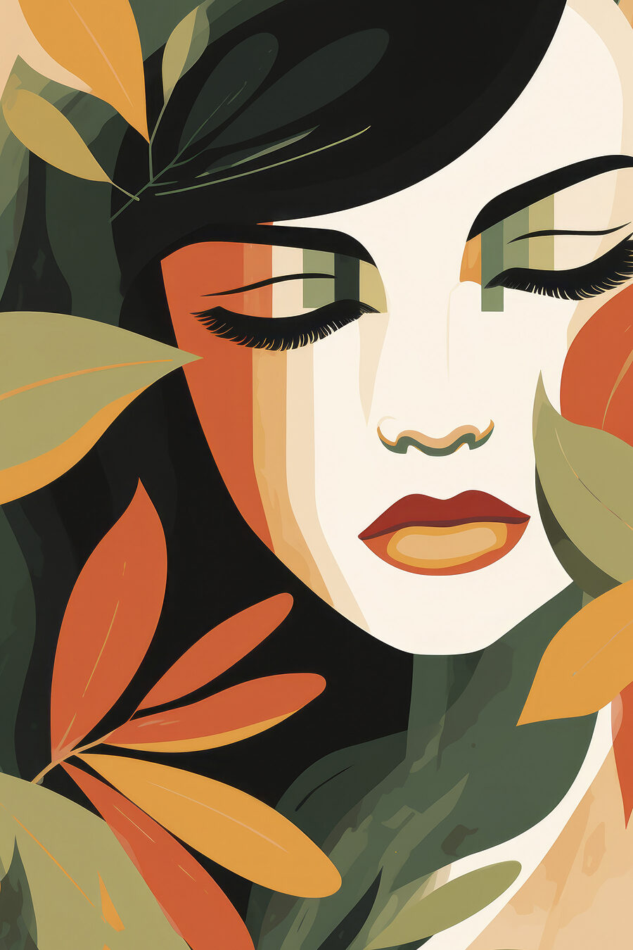 Femme avec les yeux fermés et des feuilles autour du visage