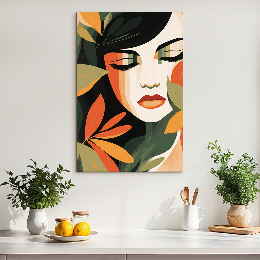 Femme avec les yeux fermés et des feuilles autour du visage