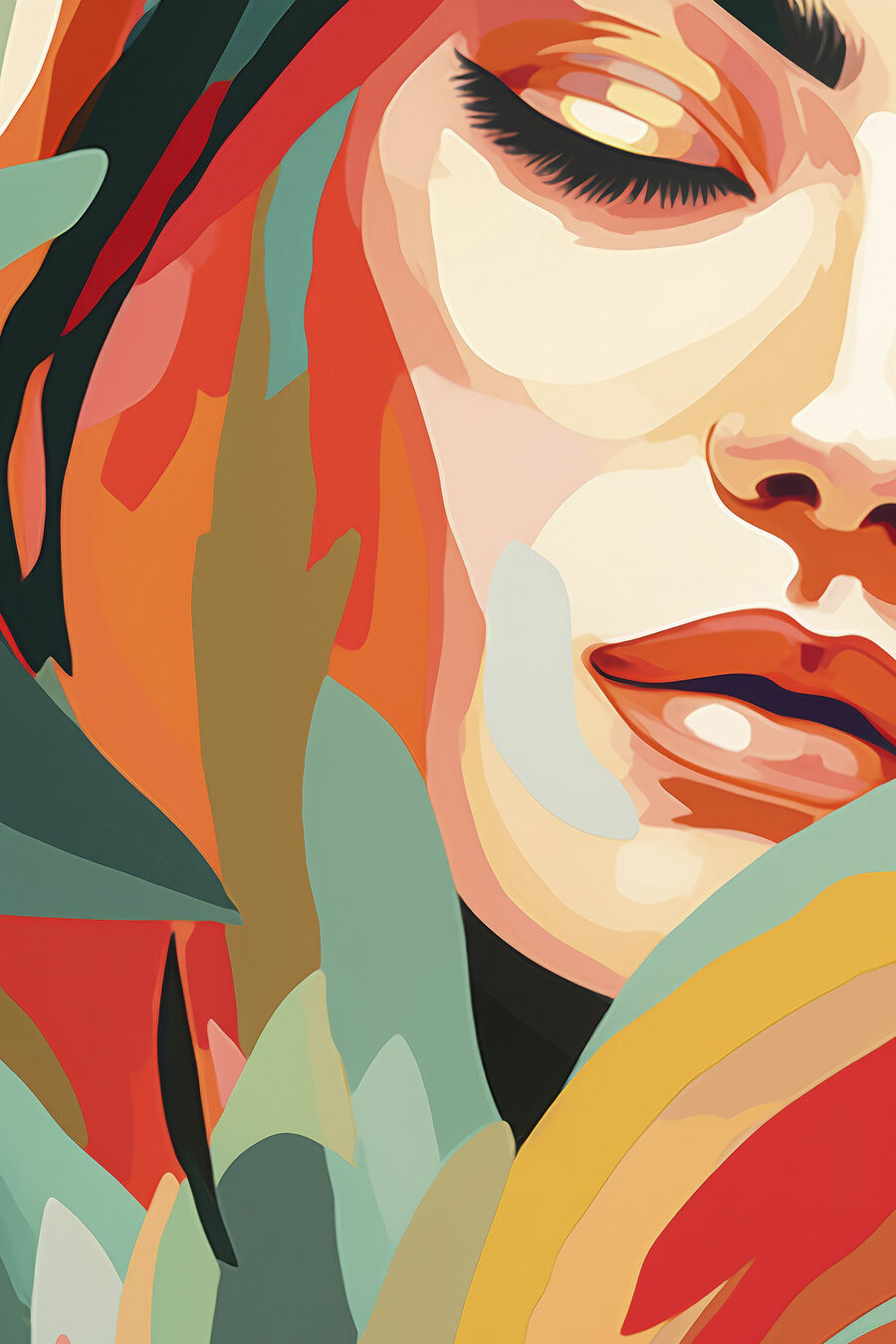 Visage de femme avec des feuilles colorées