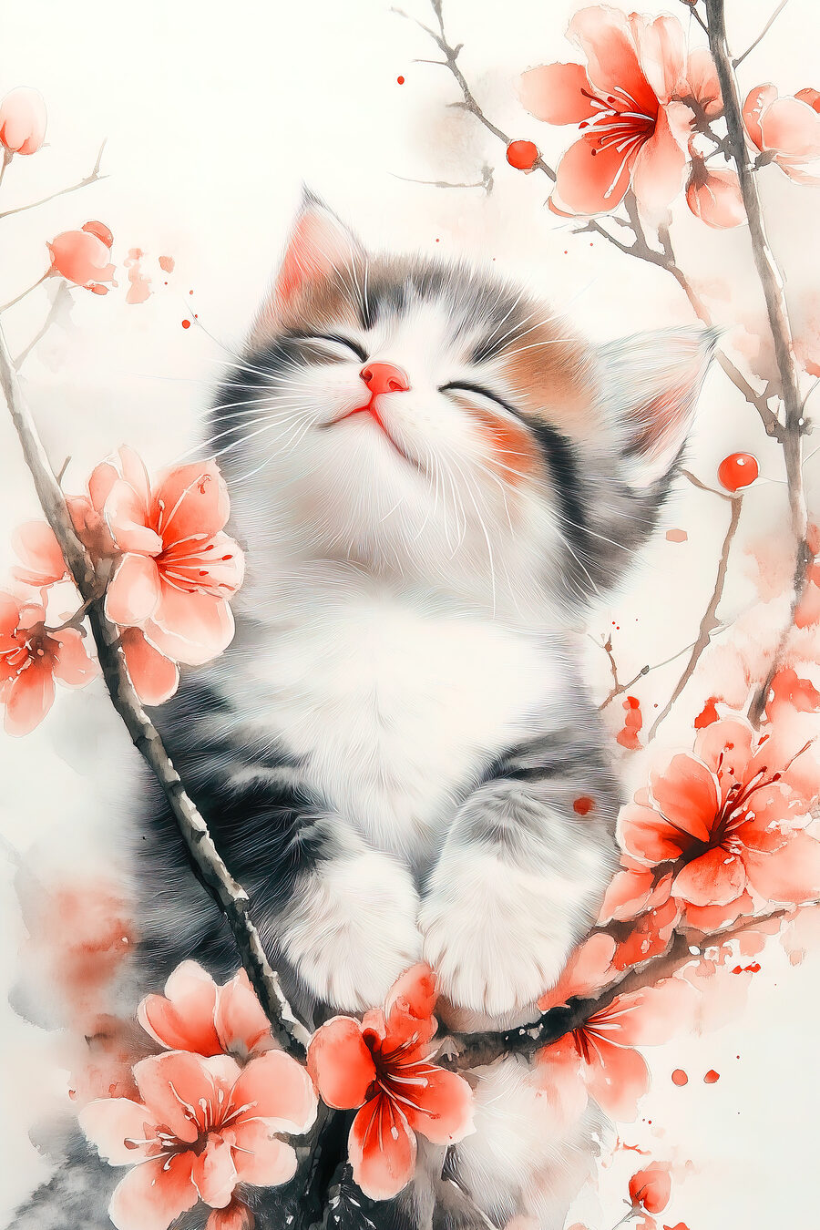 Chat assis sur un arbre avec des fleurs