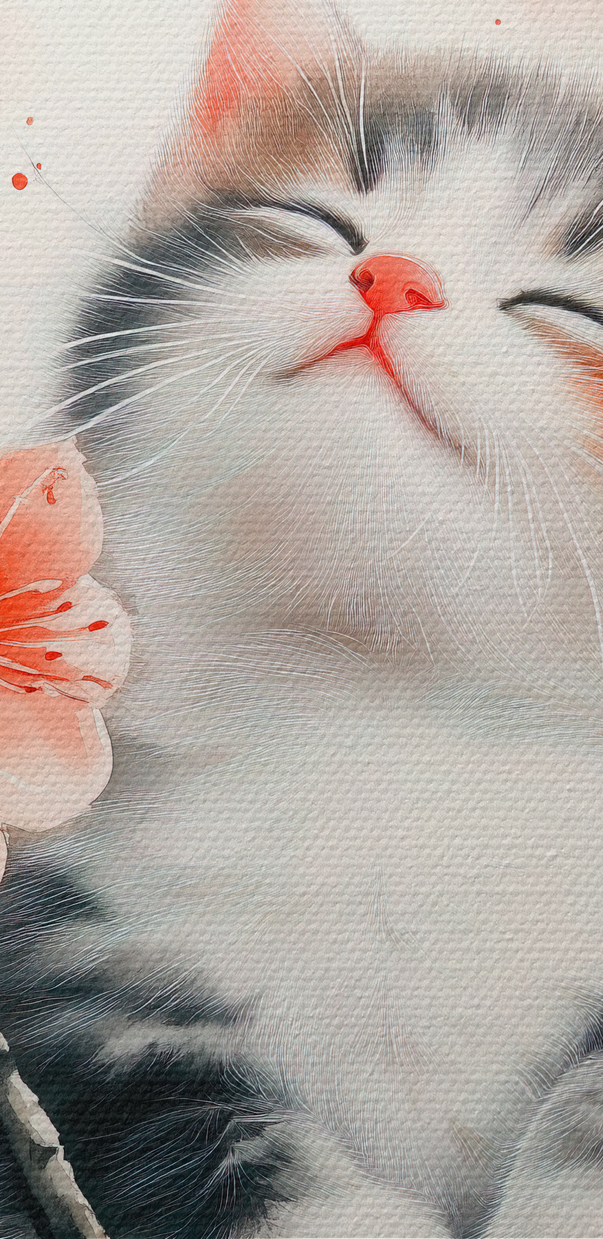 Chat assis sur un arbre avec des fleurs