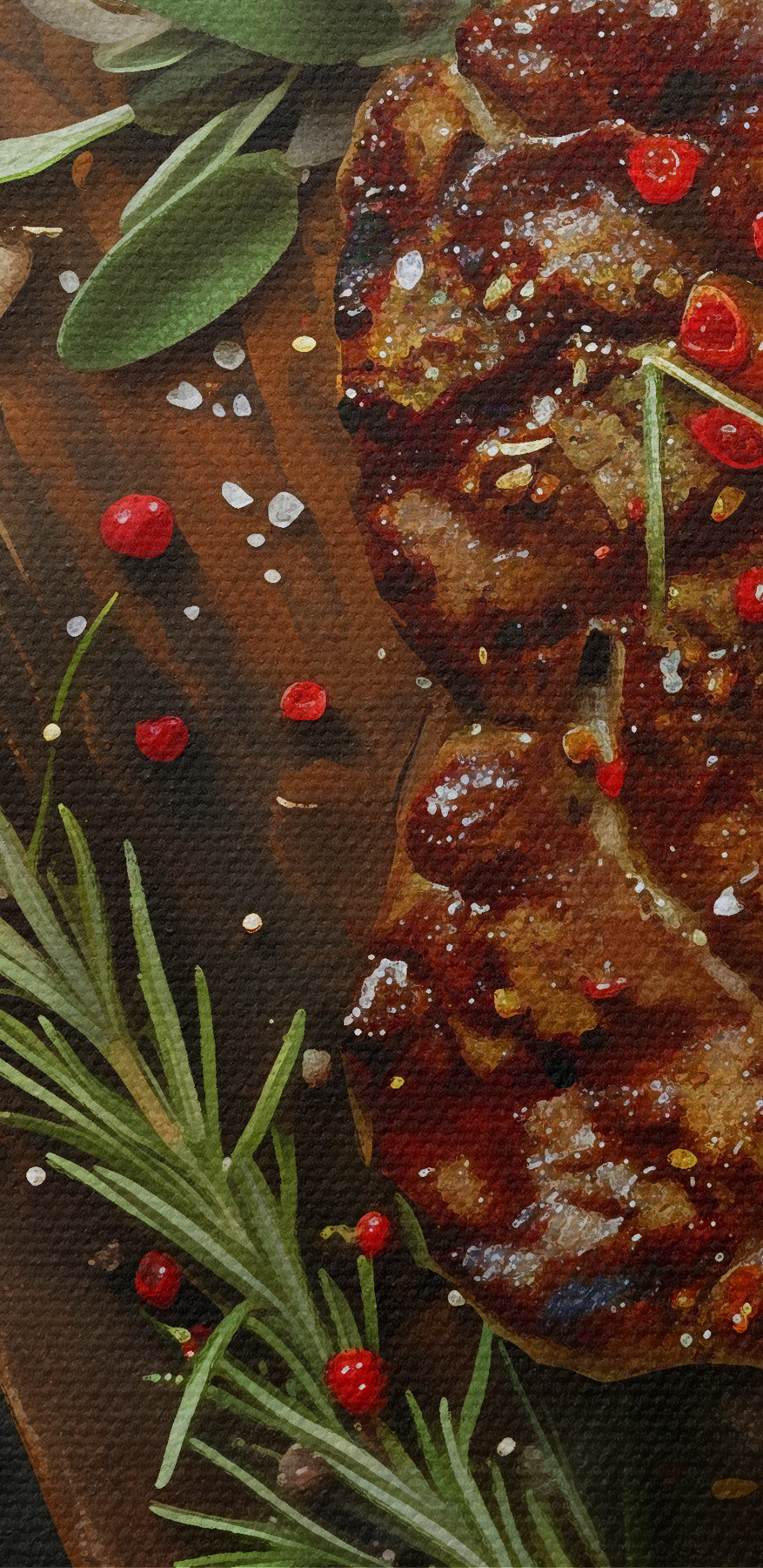 Piece of meat with spices and herbs on a cutting board Piece of meat with spices and herbs on a cutting board