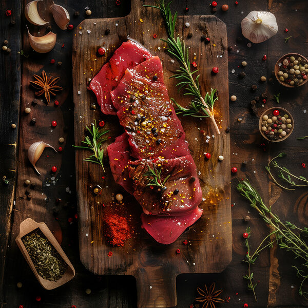 Viande sur une planche à découper avec des épices et des herbes Viande sur une planche à découper avec des épices et des herbes