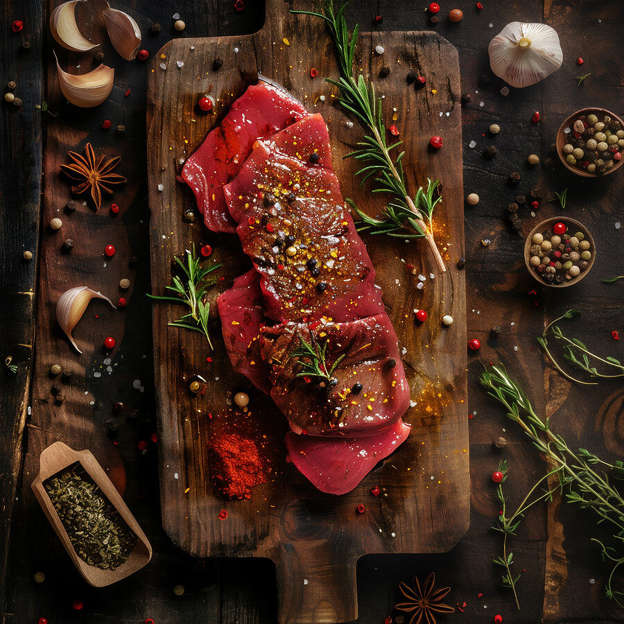 Viande sur une planche à découper avec des épices et des herbes