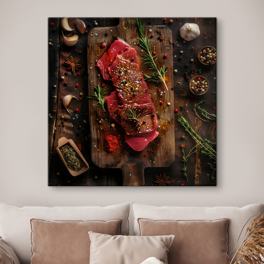Viande sur une planche à découper avec des épices et des herbes