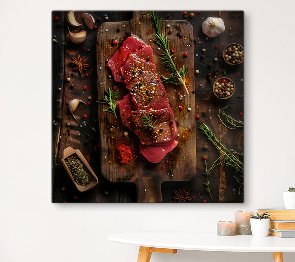 Viande sur une planche à découper avec des épices et des herbes Viande sur une planche à découper avec des épices et des herbes
