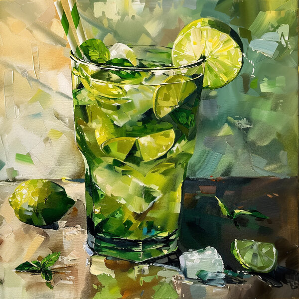 Peinture d'une boisson avec des citrons verts et de la glace Peinture d'une boisson avec des citrons verts et de la glace