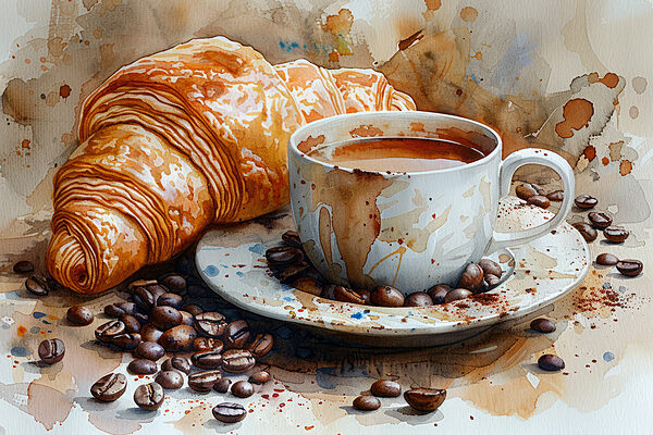 Aquarelle d'une tasse de café et d'un croissant Aquarelle d'une tasse de café et d'un croissant