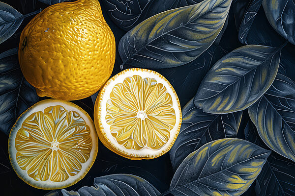 Citron coupé en deux avec des feuilles Citron coupé en deux avec des feuilles