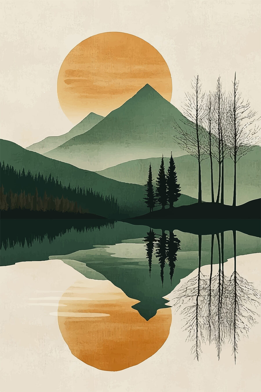 Paysage de montagnes, d'arbres et d'un lac