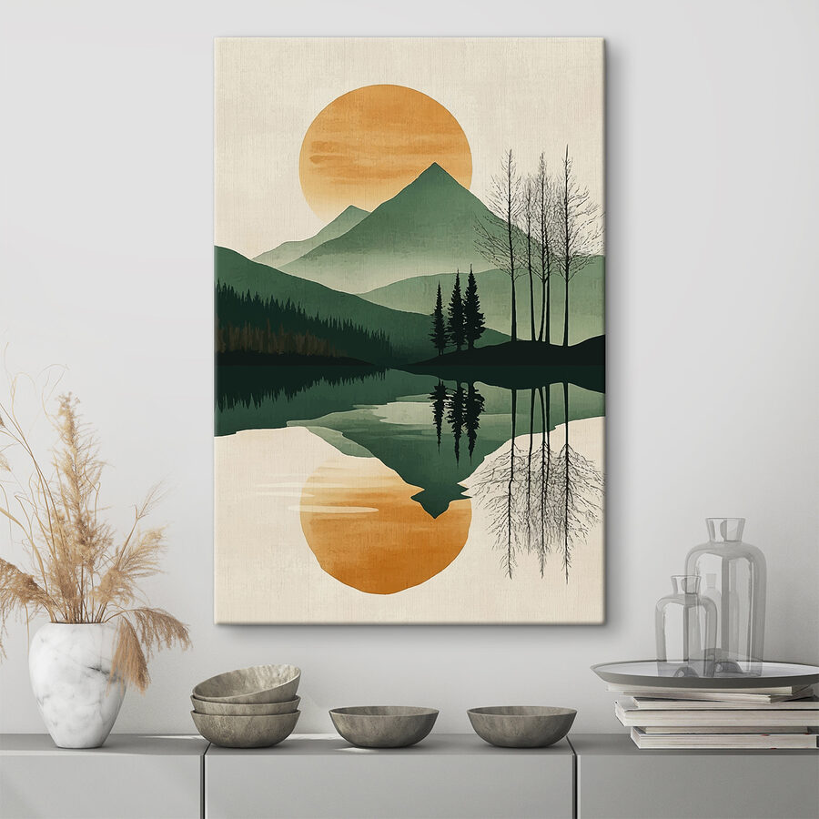 Paysage de montagnes, d'arbres et d'un lac