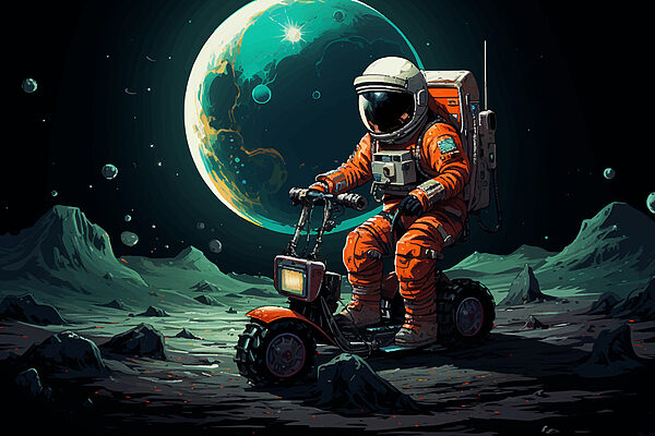 Un astronaute en scooter sur la lune Un astronaute en scooter sur la lune