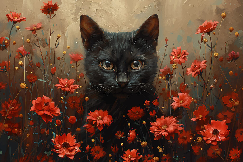 Black cat in a field of red flowers