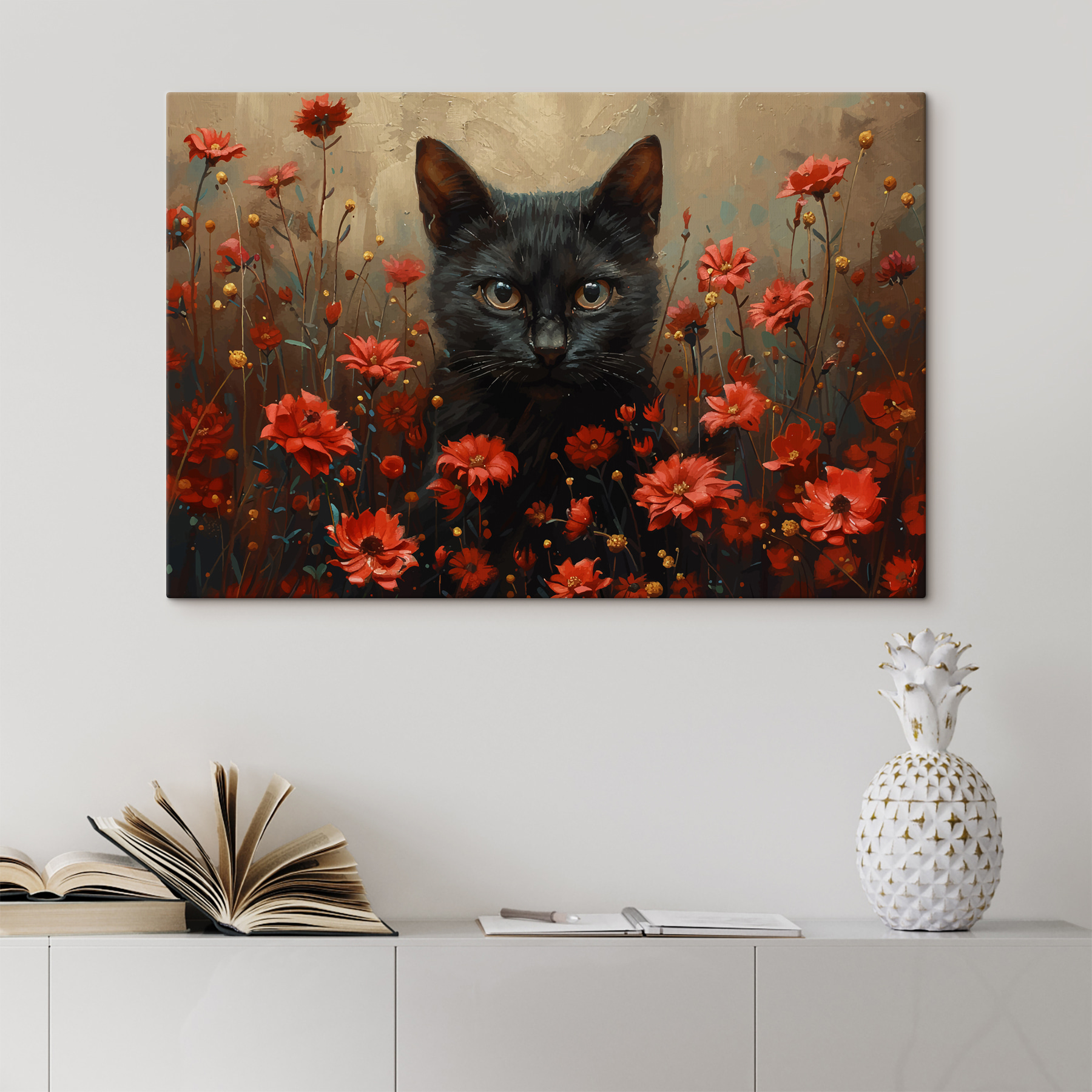 Black cat in a field of red flowers