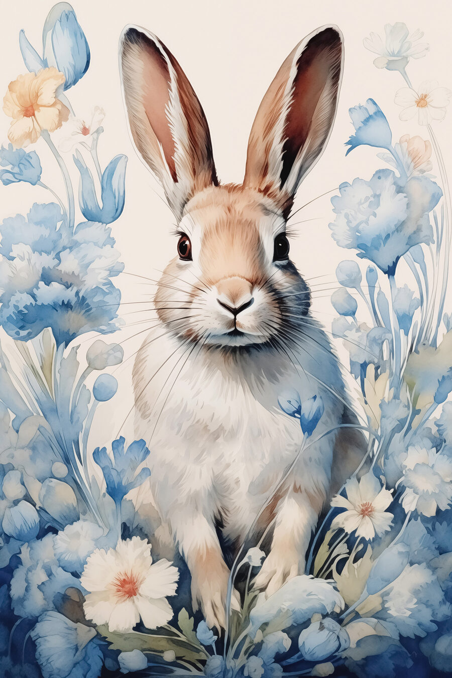 Peinture d'un lapin entouré de fleurs