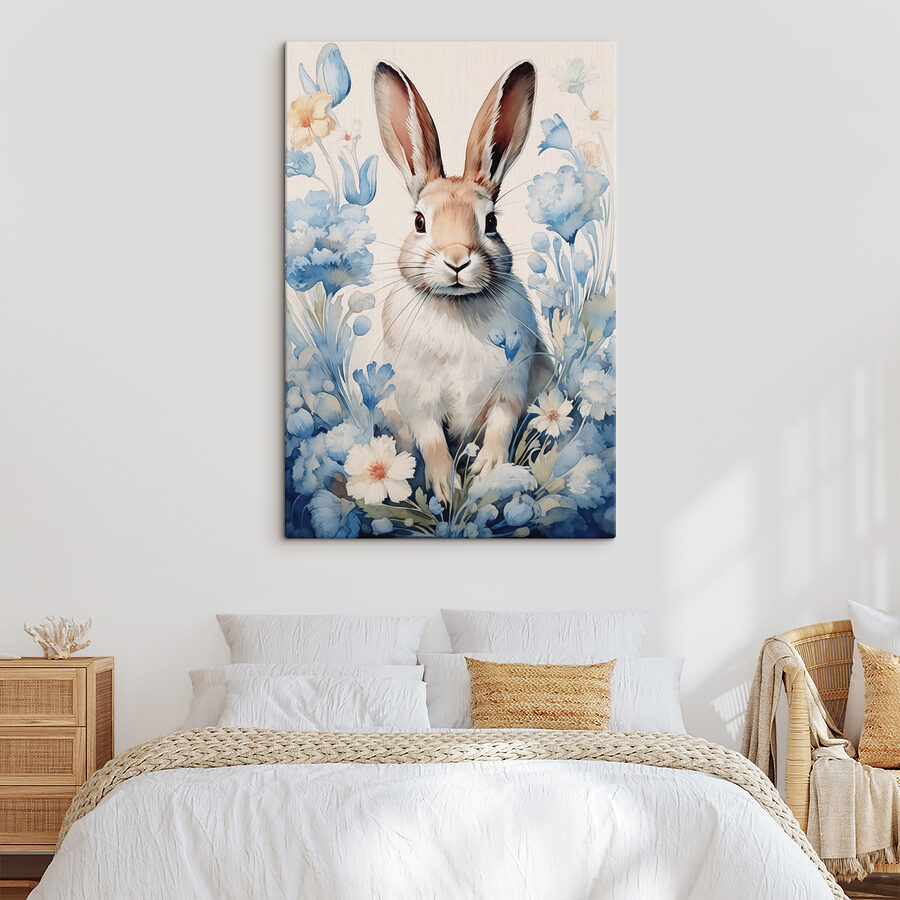 Peinture d'un lapin entouré de fleurs