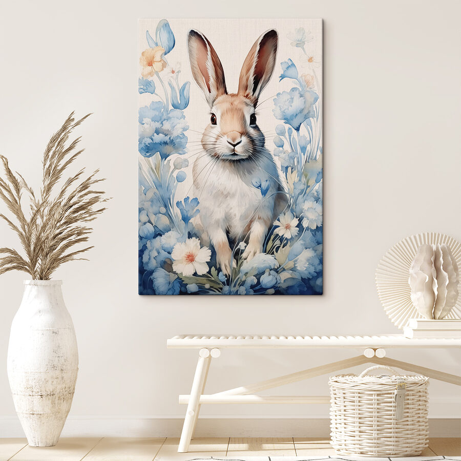 Peinture d'un lapin entouré de fleurs