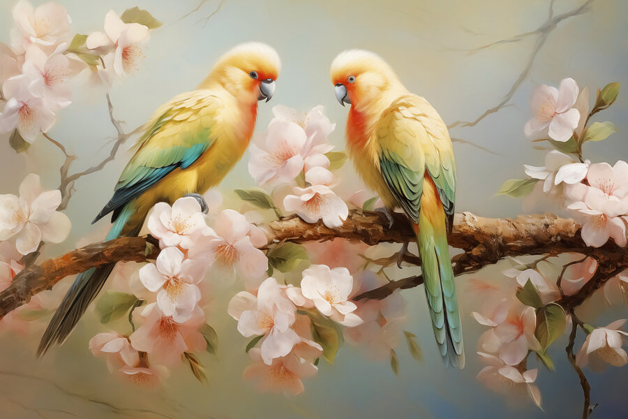 Deux oiseaux sur une branche avec des fleurs