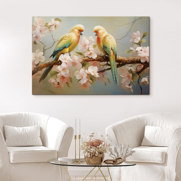 Deux oiseaux sur une branche avec des fleurs Deux oiseaux sur une branche avec des fleurs