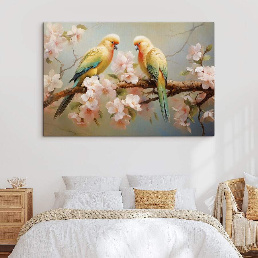 Deux oiseaux sur une branche avec des fleurs