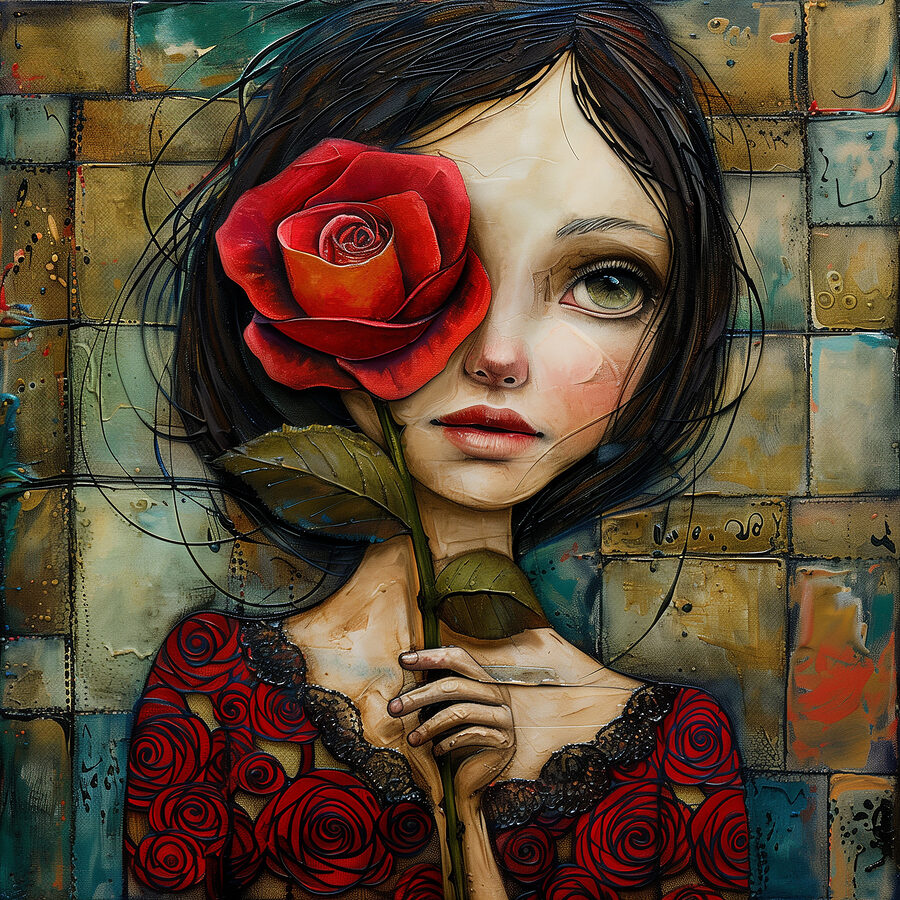 Peinture d'une jeune fille tenant une rose