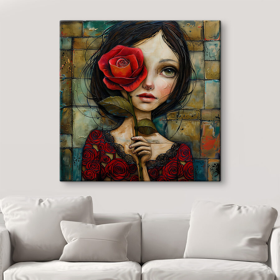 Peinture d'une jeune fille tenant une rose