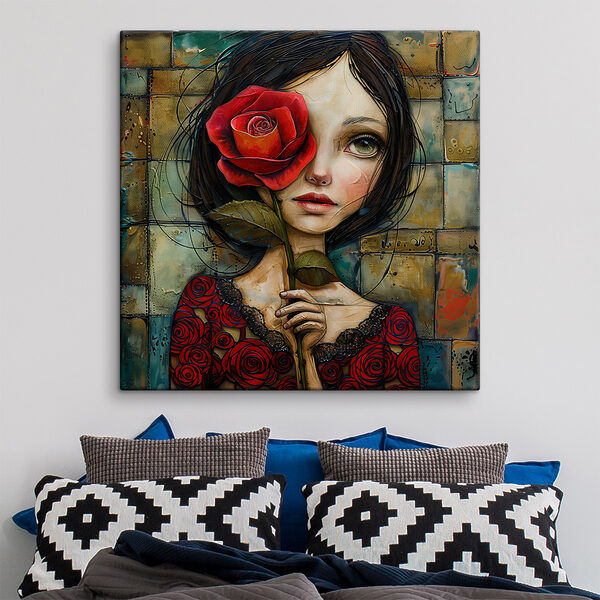 Peinture d'une jeune fille tenant une rose Peinture d'une jeune fille tenant une rose