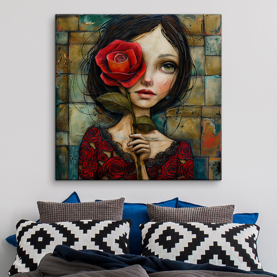 Peinture d'une jeune fille tenant une rose